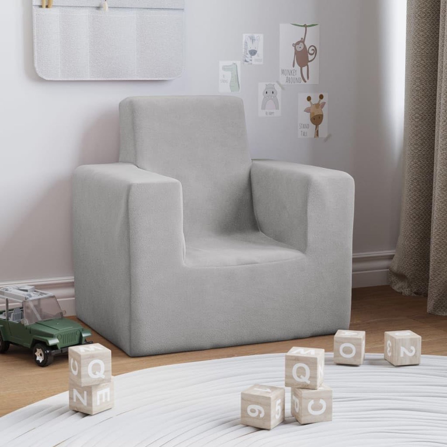 Woonkamerbank, stoel, kinderbank, lichtgrijs, zacht, pluche, voor woonkamer, logeerkamer, kantoor