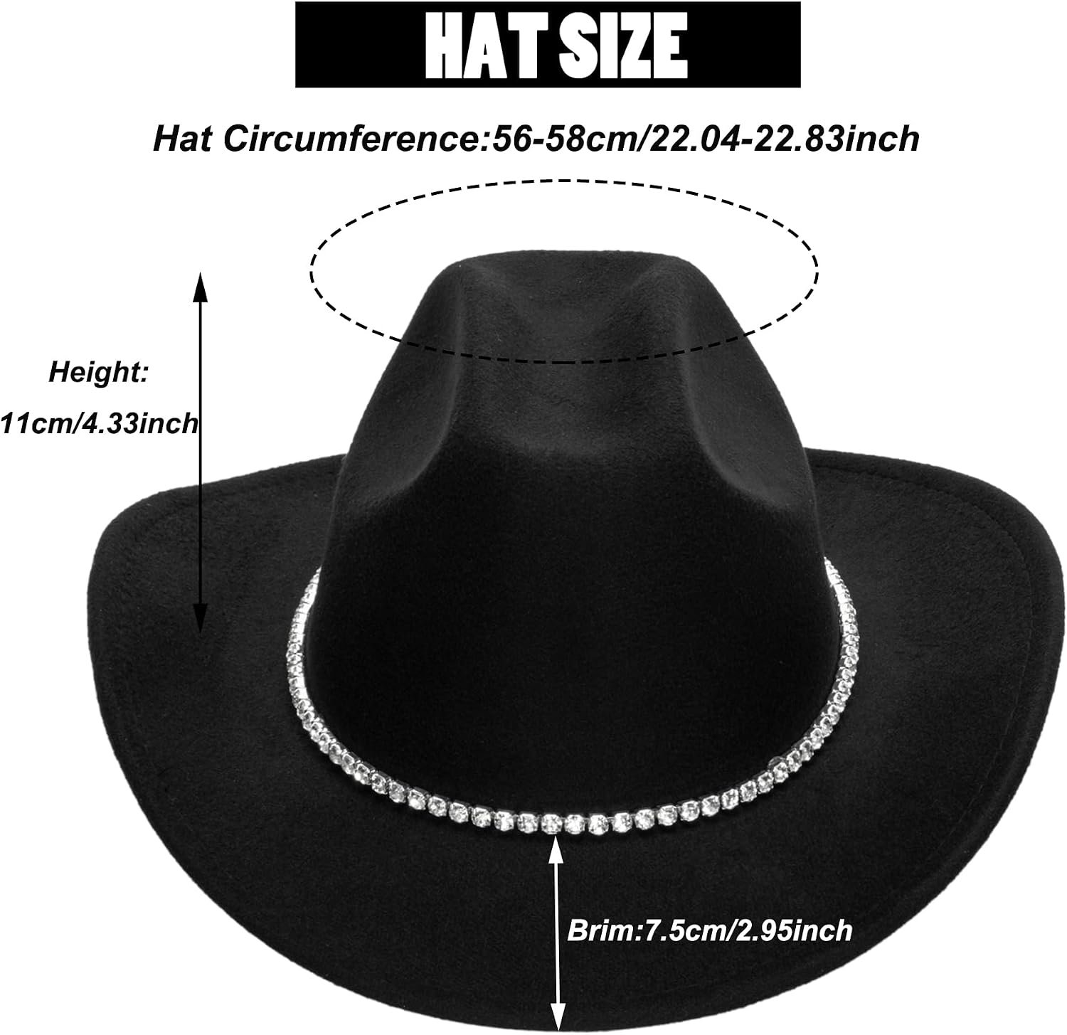 Vilten westerse cowboy- en cowgirlhoed met brede rand met gesp voor dames en heren (maat: M)