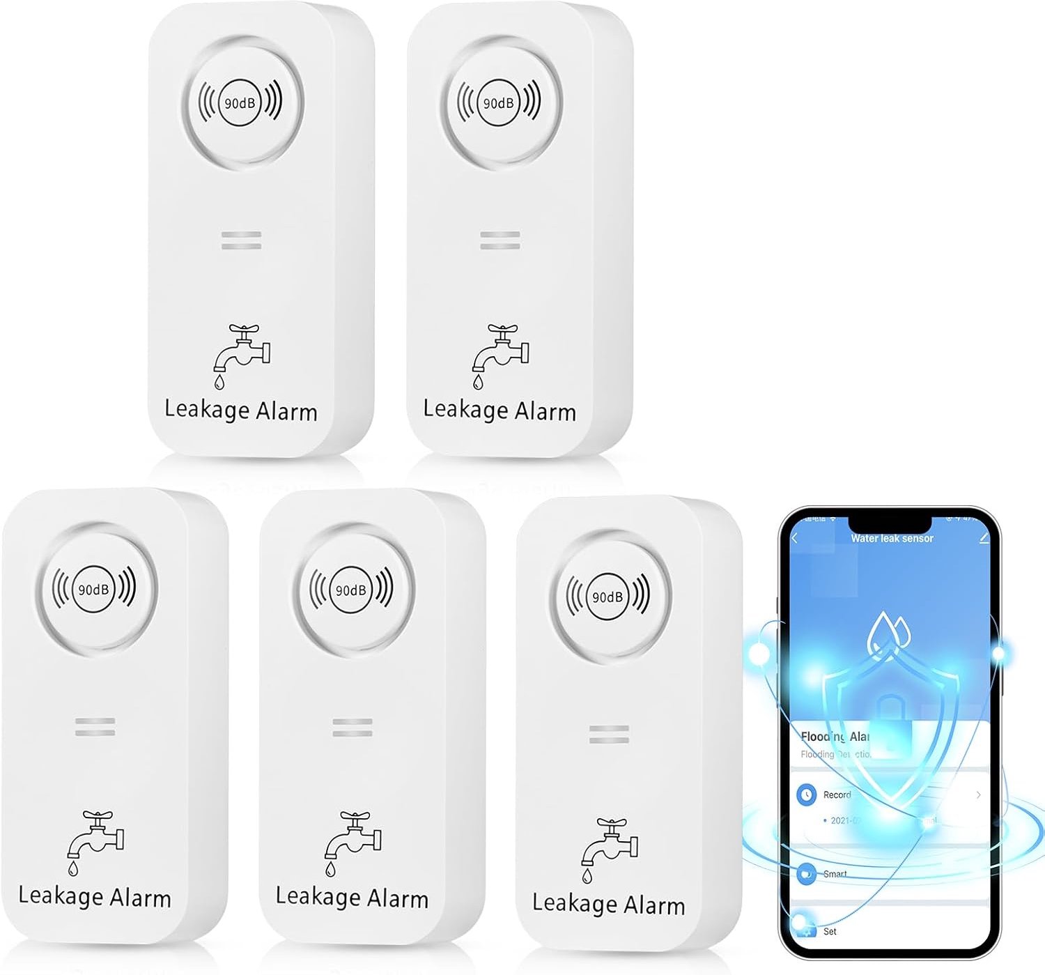 Watermelder, 2,4 G Wifi, 90 dB Watersensor, Alarm en App-Alarm, Draadloos Wateralarm voor Buizen, Slaapkamer, Keuken, Badkamer, Kelder (5 Stuks)
