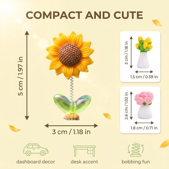 7 stuks autodecoratie met zonnebloemen en bloemen, auto-accessoires voor dashboard, ornamenten met beweegbare zwenkveer, inclusief stickers zonder markeringen — cadeau in Wonen & Interieur - foto 8