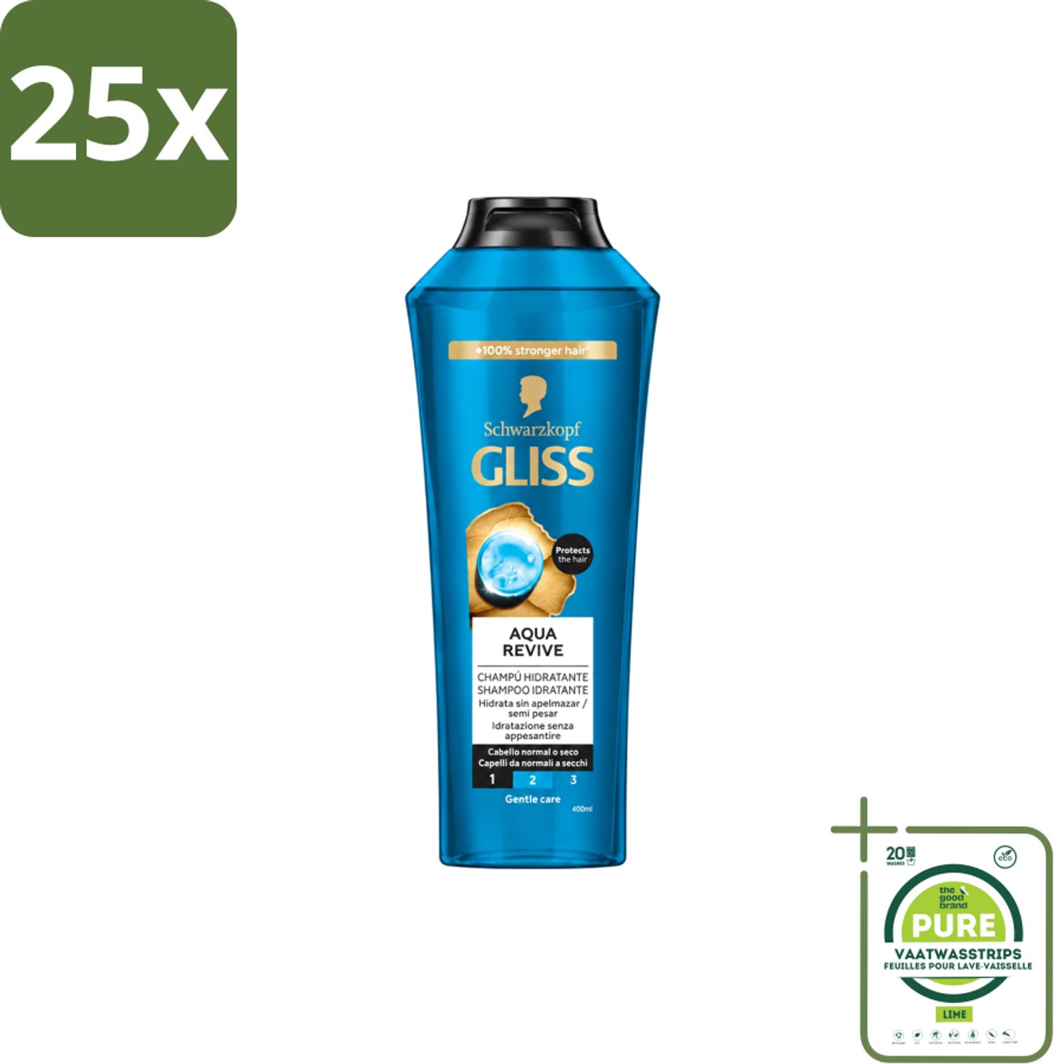 25 x Gliss-Kur - Shampoo - Aqua Revive - Verfrist & Hydrateert - 400 ml - Grootverpakking - Vaatwasstrips - Haar Reinigen - Haar Hydrateren - Haar Verfrissen - Hyaluronzuur Shampoo - Haar Verzorgen