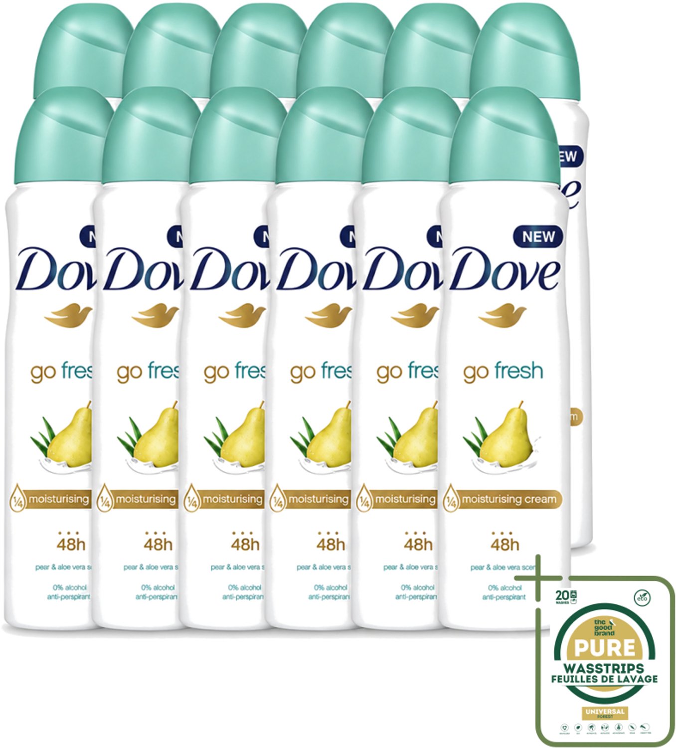 12 x Dove - Deodorant - Spray Go Fresh Pear & Aloe - Frisse en verzorgende geur - 250 ml - Wasstrips - Dove Deodorant Spray - Anti-transpirant Spray - Frisse Geur - Peer En Aloë Vera - Oksel Verzorging