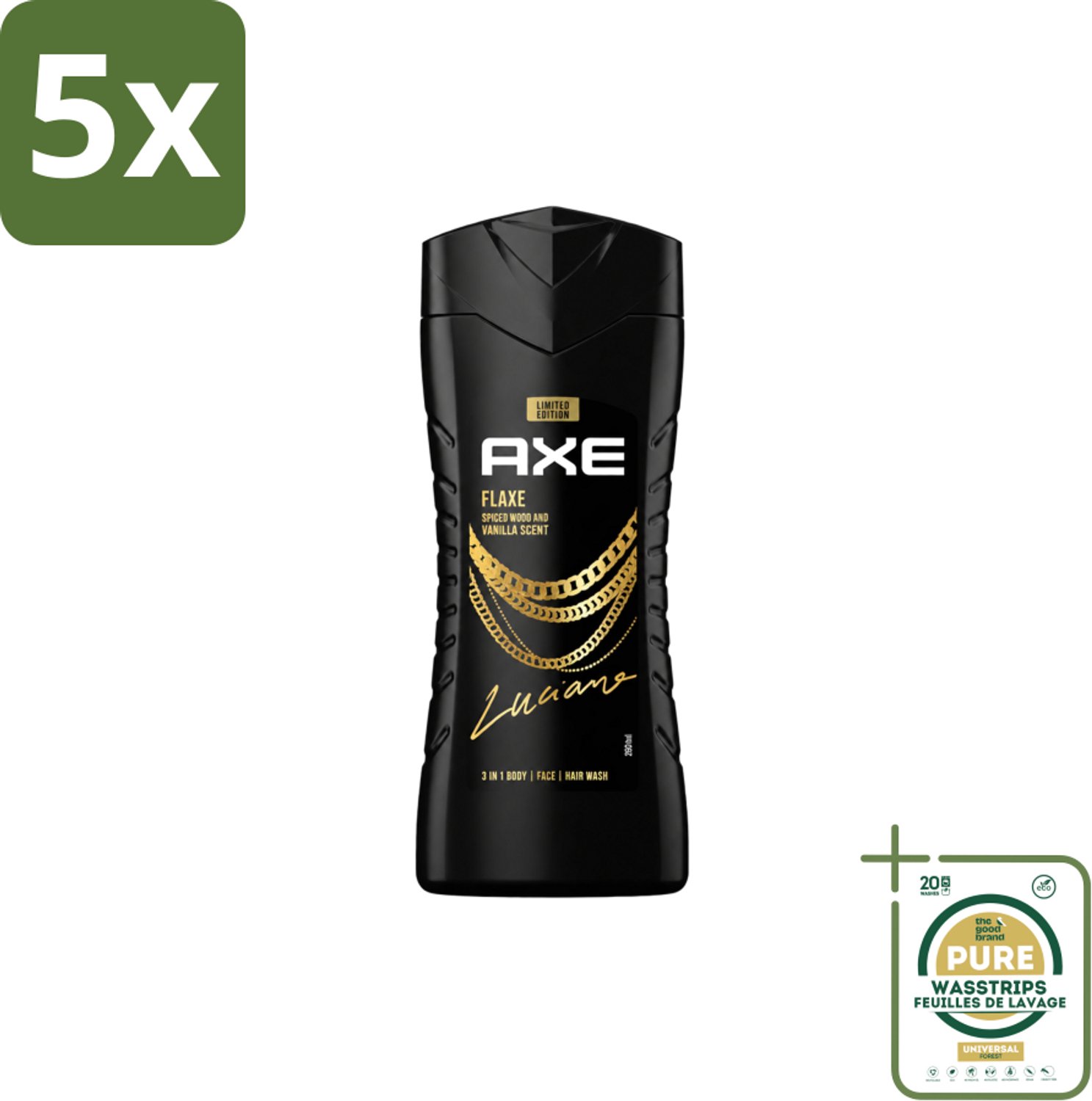 5 x Axe – Douchegel – Flaxe – 250 ml - Wasstrips - Douchegel Voor Mannen - Reiniging Huid - Frisse Geur - Mannelijke Geur - Dagelijks Gebruik