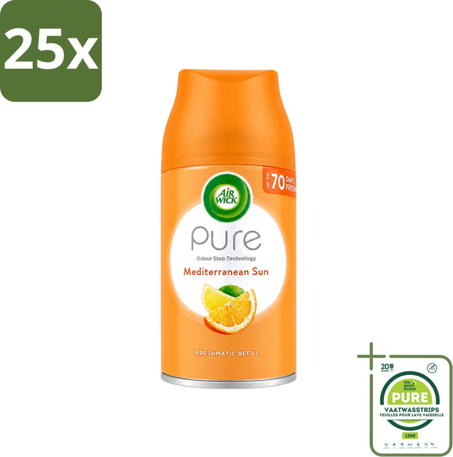 25 x Air Wick - Luchtverfrisser Navulling - Mediterrane Zon - Automatische Spray - 250 ml - Grootverpakking - Vaatwasstrips - Luchtverfrisser - Geur - Automatische Geurverspreiding - Zon - Bloemige Geur