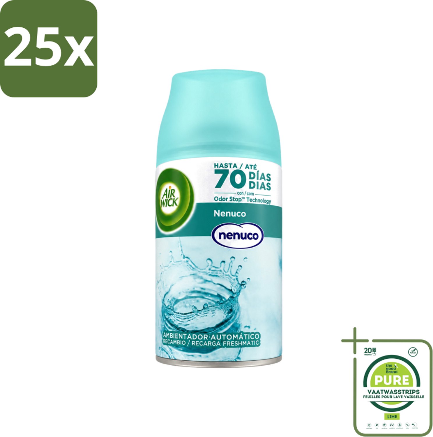 25 x Air Wick - Luchtverfrisser Navulling - Nenuco - Automatische Spray - 250 ml - Grootverpakking - Vaatwasstrips - Luchtverfrisser - Geurverspreider - Nenuco - Automatische Spray - Geurneutralisatie