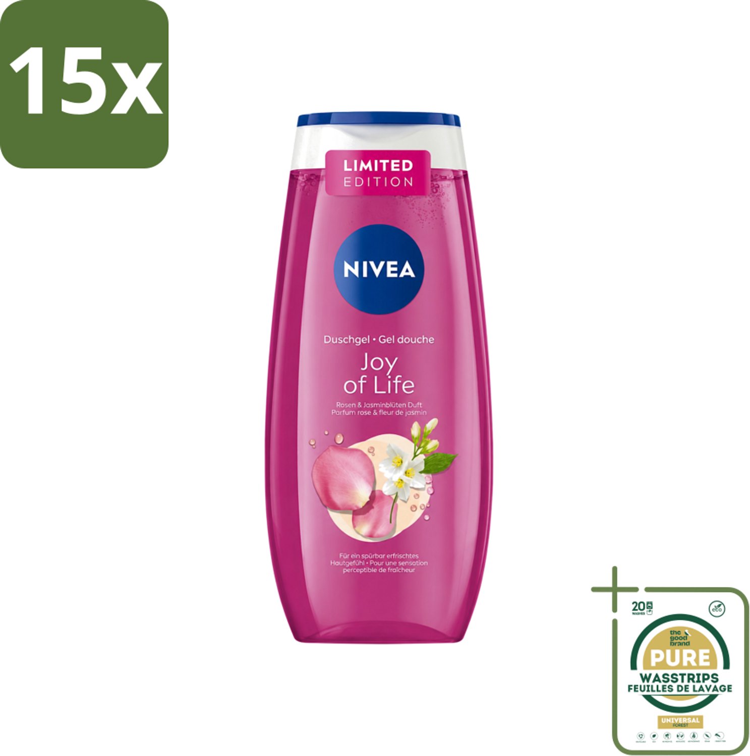 15 x Nivea - Douchegel - Joy of Life - Verfrissend Effect - 250 ml - Wasstrips - Douchegel - Verfrissend Effect - Rozen - Jasmijn - PH-neutraal
