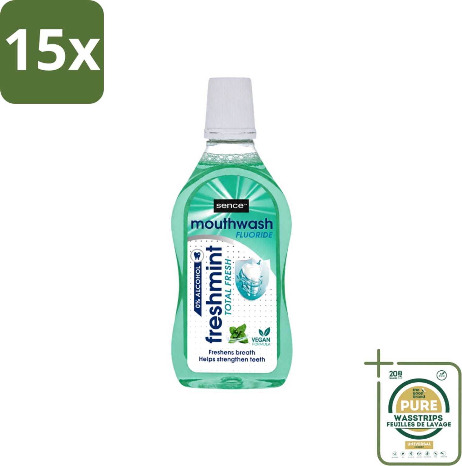 15 x Sence - Fresh Freshmint - Mondwater - Fris & Muntig - 500 ml - Wasstrips - Mondwater - Mondverzorging - Frisse Adem - Tandplak - Mintsmaak