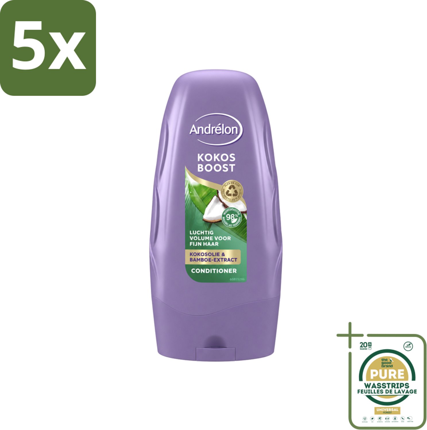 5 x Andrélon - Kokos Boost - Conditioner - Intensieve Voeding - 250 ml - Wasstrips - Fijn Haar - Volume - Voeding - Kokosolie - Bamboe-extract