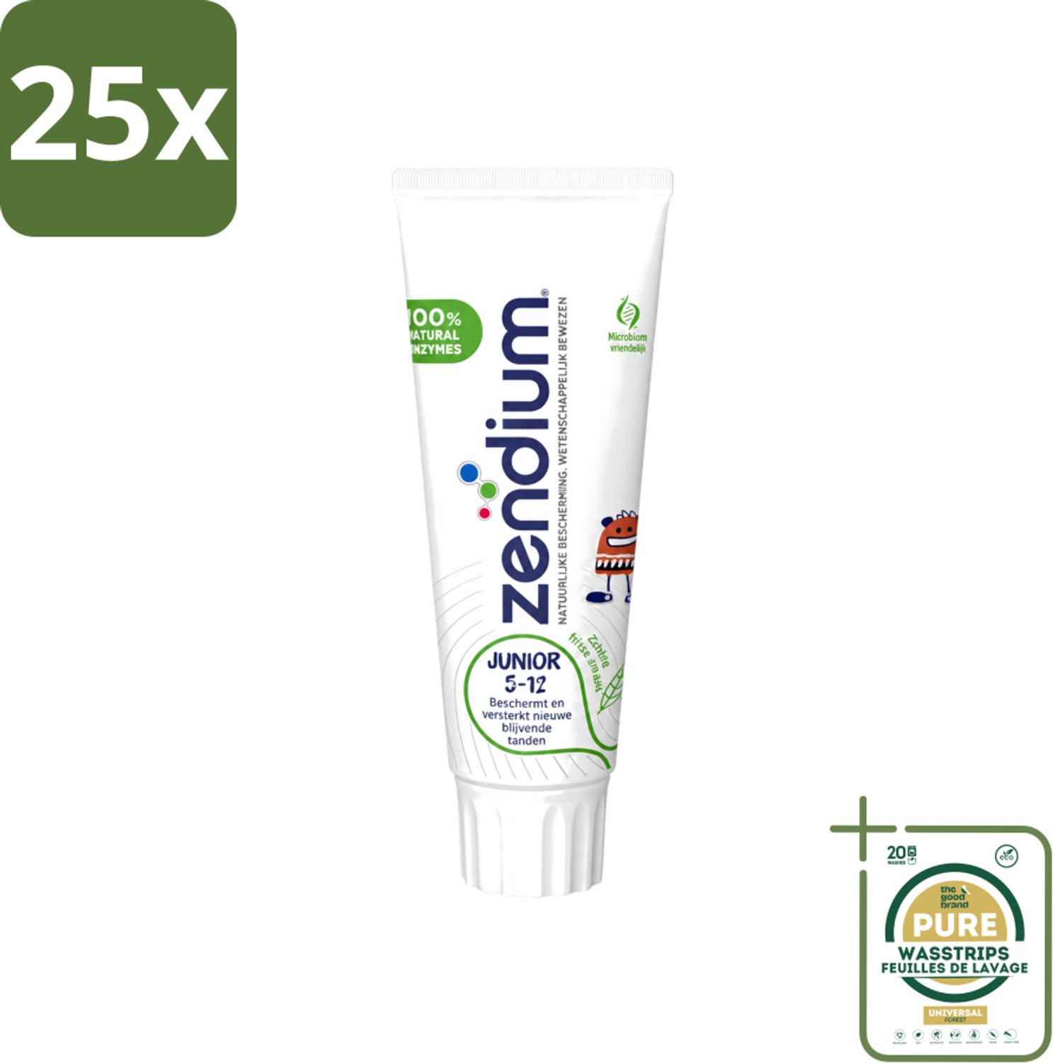 25 x Zendium - Junior 5-12 Jaar - Tandpasta - Natuurlijke Enzymen - 75 ml - Wasstrips - Tandpasta Voor Kinderen - Melktanden Beschermen - Volwassen Tanden Beschermen - Natuurlijke Enzymen - SLS-vrij