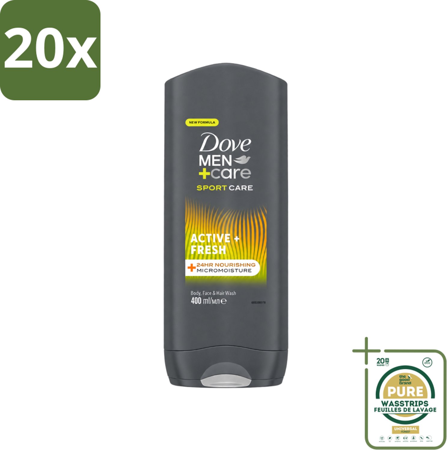 20 x Dove - Douchegel - Men+ Care Active Fresh - Verfrissend en langdurige bescherming - 400 ml - Wasstrips - Douchegel - Man - Fris - Energie - Actief