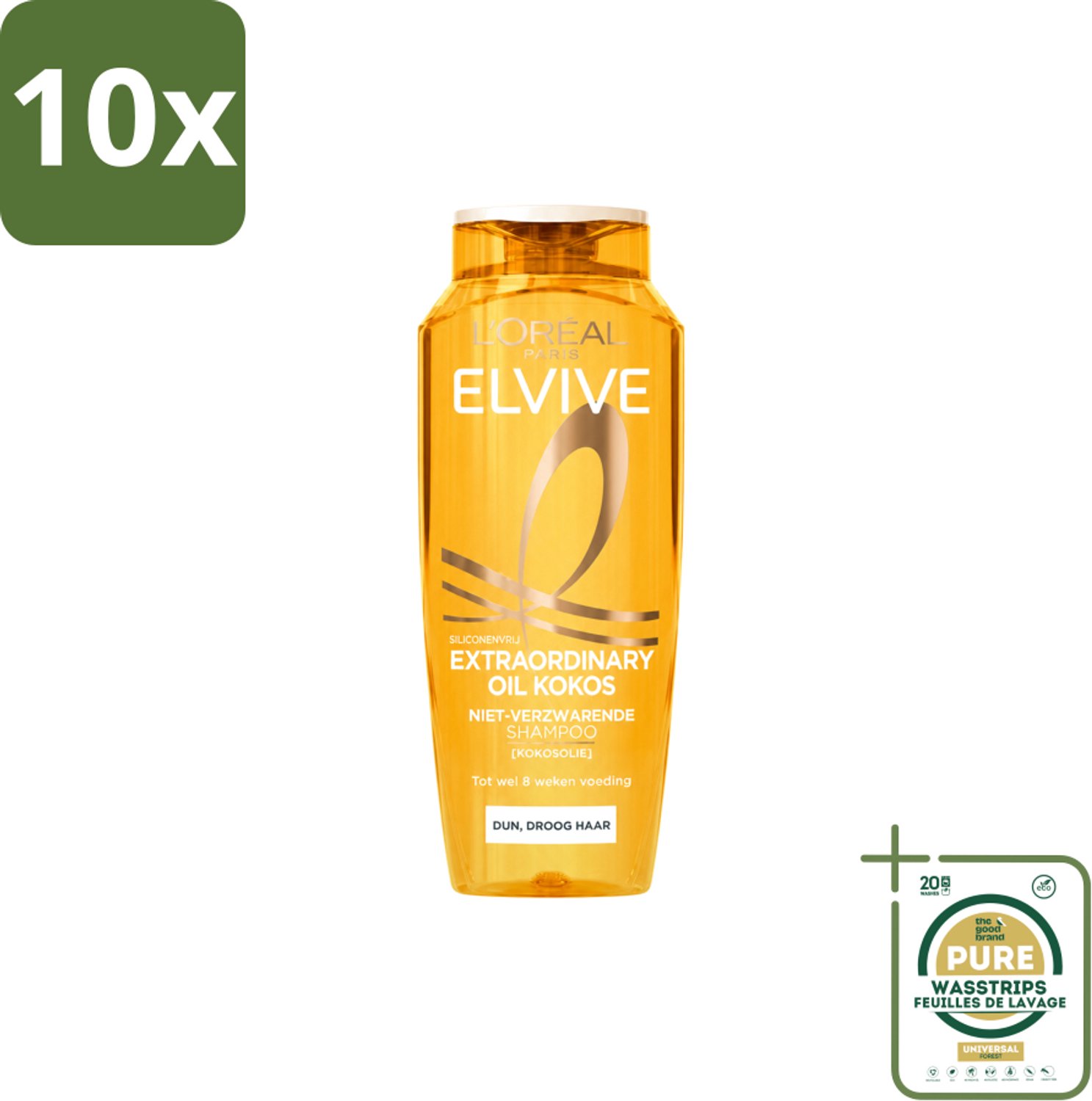 10 x L’Oréal Paris Elvive – Shampoo – Extraordinary Oil Kokos – Dun & Droog Haar – 250 ml - Wasstrips - Shampoo Voor Dun Haar - Voeding Zonder Te Verzwaren - Kokosolie Shampoo - Fijn Haar - Droog Haar