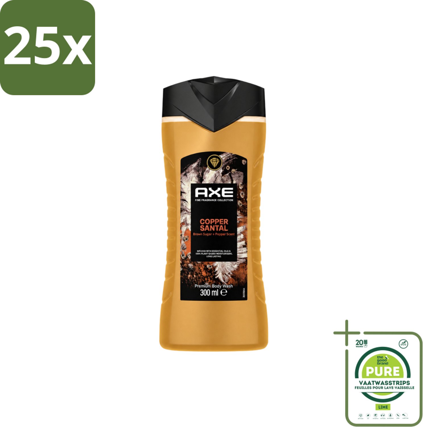25 x Axe – Douchegel – Copper Santal – 300 ml - Grootverpakking - Vaatwasstrips - Douchegel - Koper - Sandelhout - Mannelijke Geur - Reiniging
