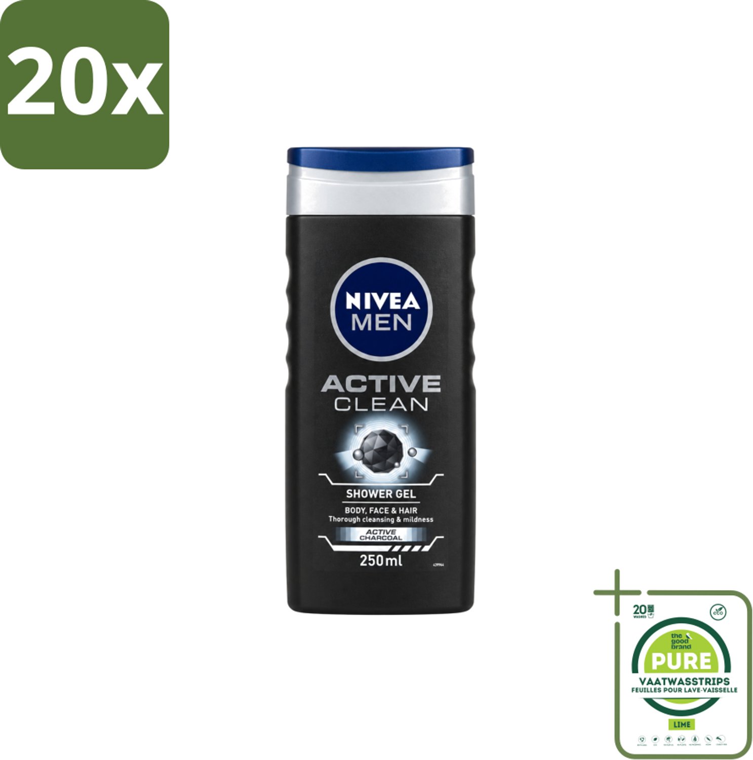 20 x Nivea Men – Douchegel – Active Clean – 250 ml - Grootverpakking - Vaatwasstrips - Douchegel Mannen - Reiniging Huid - Actieve Houtskool - Vuil Verwijderen - Huid Verzorging