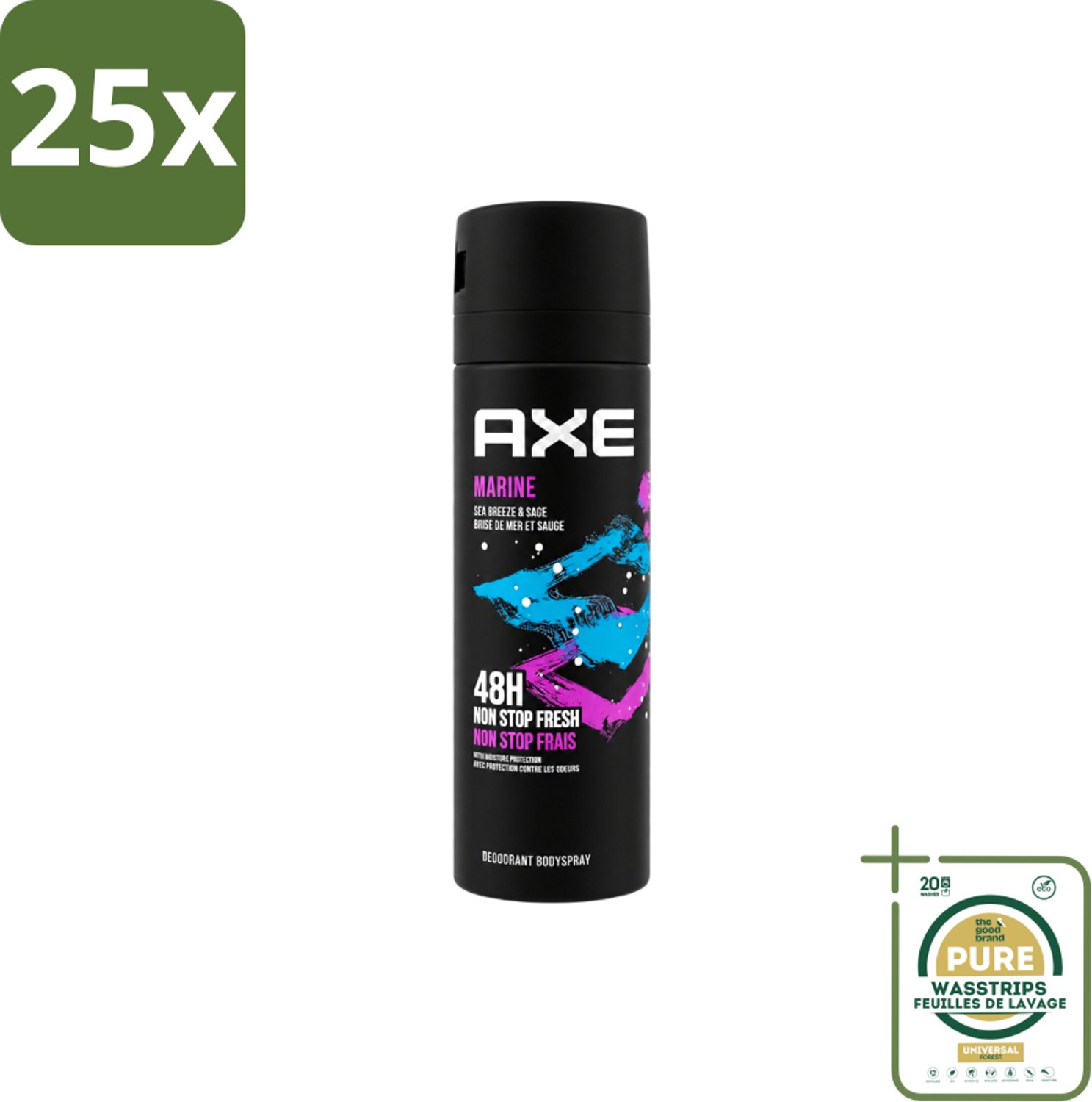 25 x Axe - Deodorant Bodyspray - 100% Fresh Fragrance - Marine - Sea Breeze & Sage - 150 ml - Wasstrips - Deodorant Bodyspray - Marine Geur - Zeebries - Salie - Geurfrisheid
