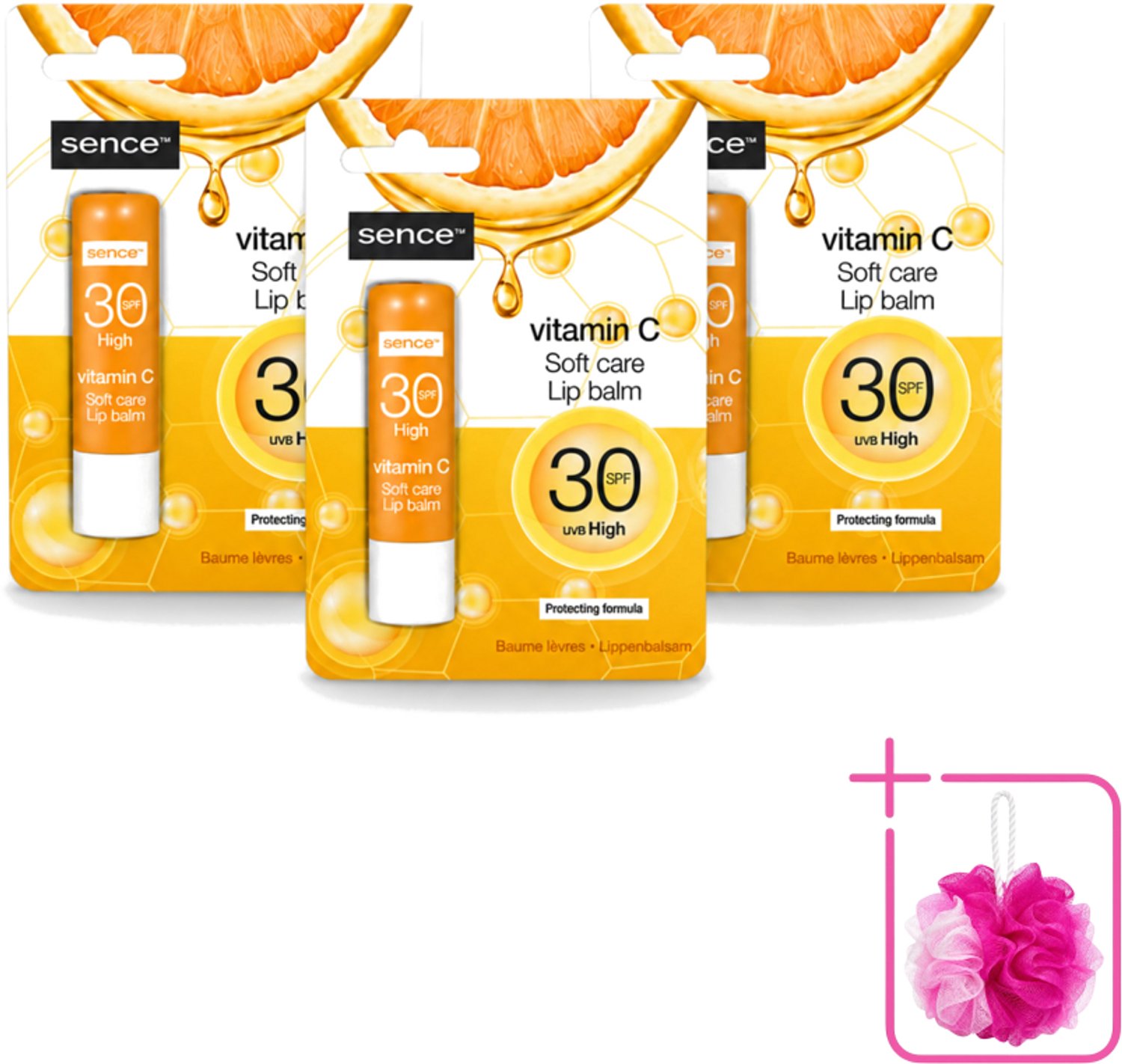 3 x Sence - Soft Care Vitamin C - Lippenbalsem - Hydraterend - 4,3 g - Bulkverpakking - Lippenbalsem - Douchemop - Vitamine c