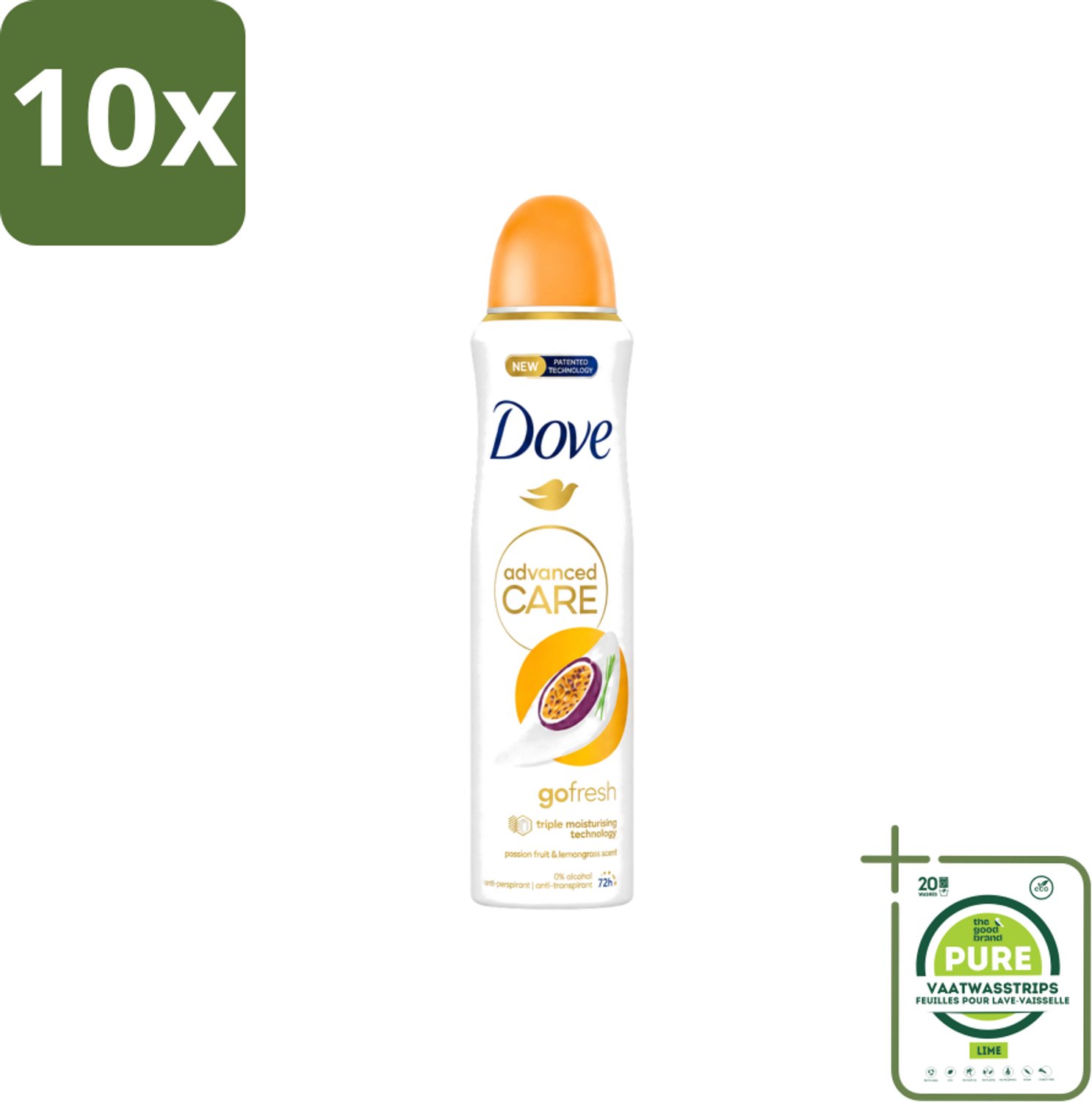 10 x Dove – Deodorant Spray – Passion Fruit – 250 ml - Grootverpakking - Vaatwasstrips - Passievrucht Deodorant - Frisse Geur - Oksel Verzorging - Transpiratiegeur - Mild Voor Huid