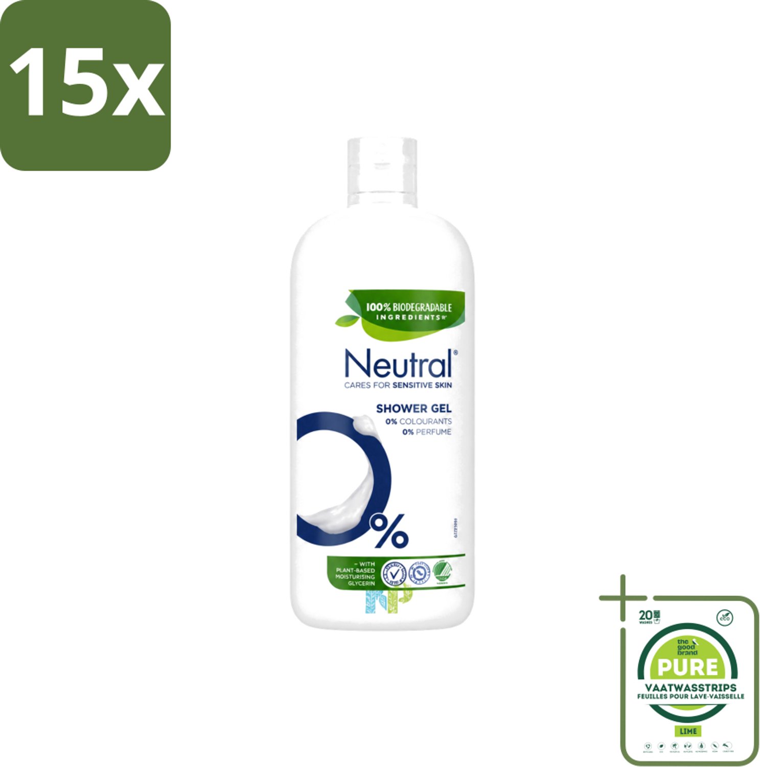 15 x Neutral – Douchegel – Sensitive Skin – 900 ml - Grootverpakking - Vaatwasstrips - Gevoelige Huid - Droge Huid - Parfumvrije Douchegel - Milde Douchegel - Huidverzorging