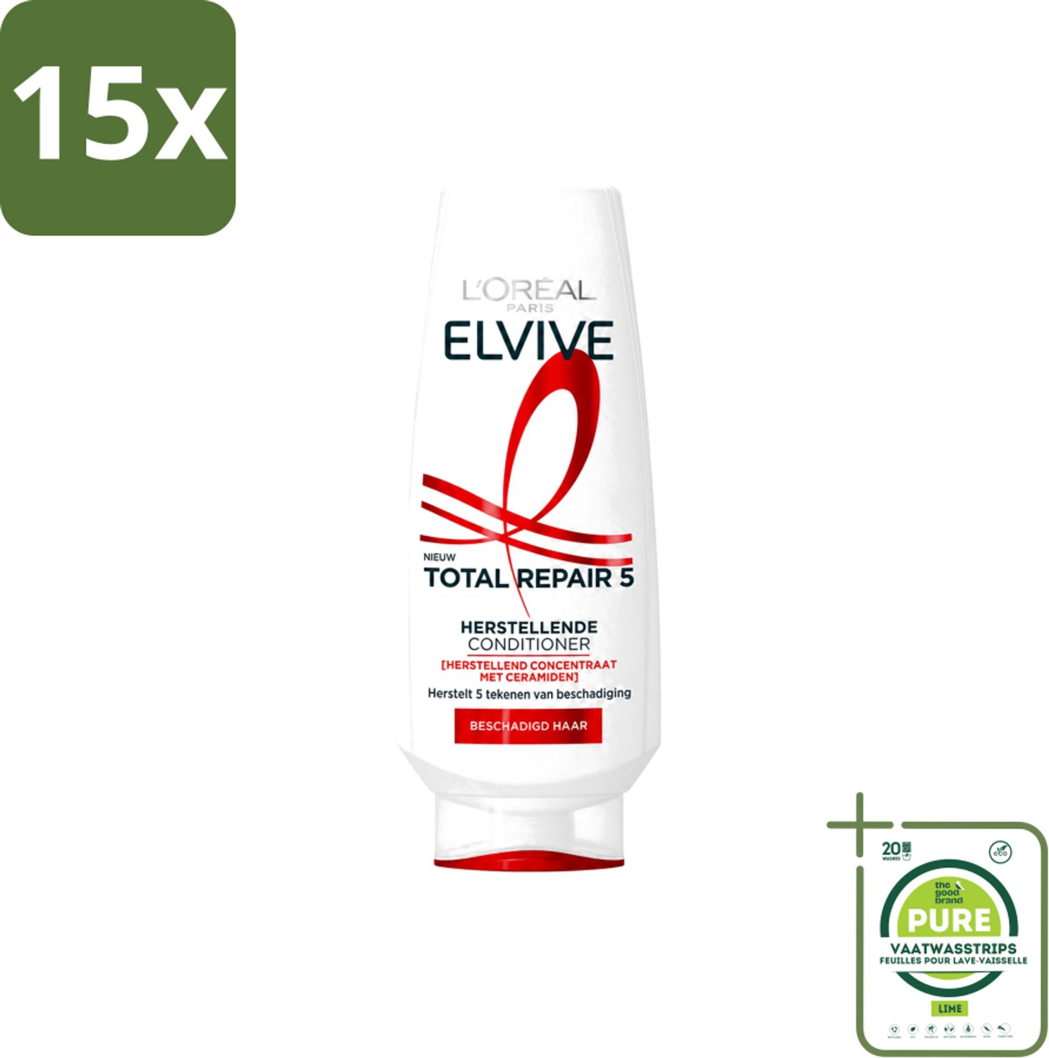15 x L’Oréal Paris Elvive – Conditioner – Total Repair 5 – 200 ml - Grootverpakking - Vaatwasstrips - Herstel Haar - Beschadigd Haar - Ceramiden - Haar Herstellen - Haar Verzorgen