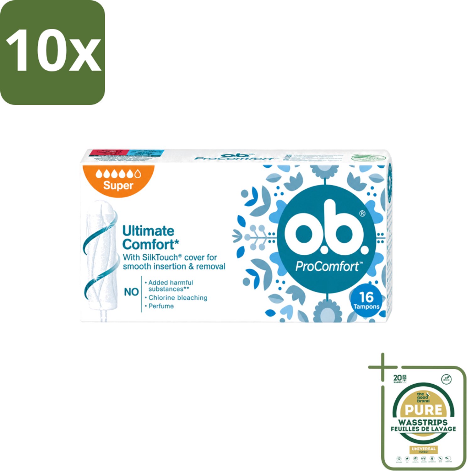 10 x o.b. Tampons - ProComfort Super - Voor Comfort en Zachte Bescherming - 16 Tampons - Wasstrips - Tampons - Menstruatiebescherming - Comfort - Zachte Bescherming - 100% Plantaardige Kern