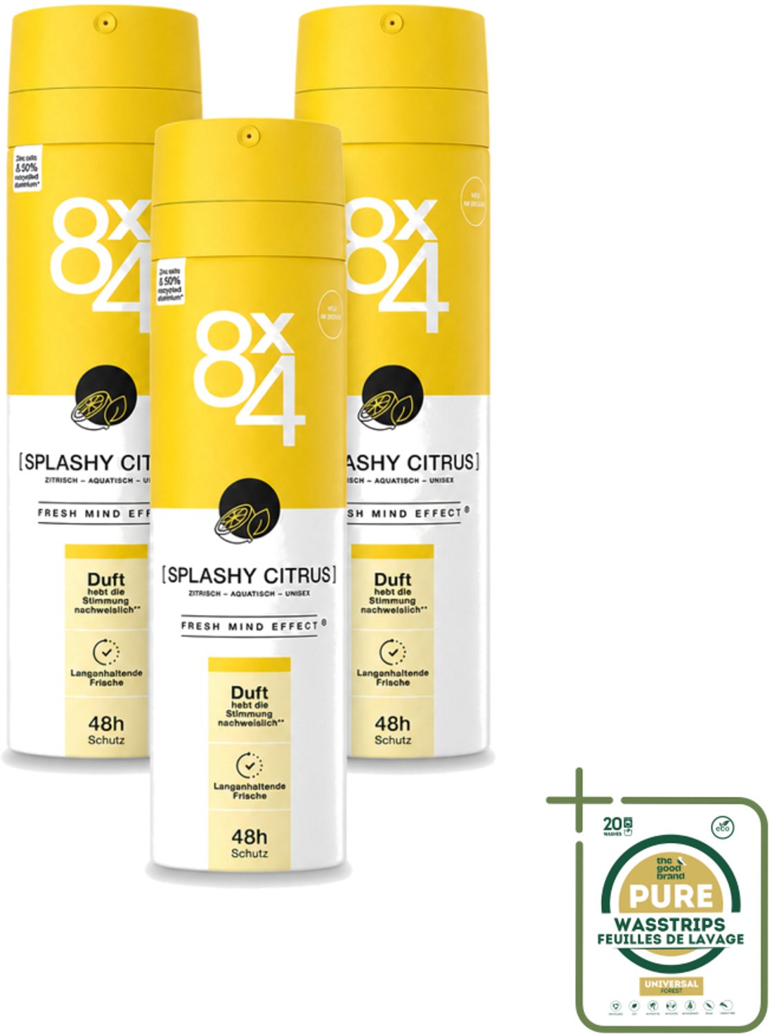 3 x 8 x 4 Deospray - Splashy Citrus - Deodorant - Citrusgeur - 150 ml - Wasstrips - Citrus Deodorant - Energiegeur - Frisse Geur - Zweetbescherming - Huidverzorging