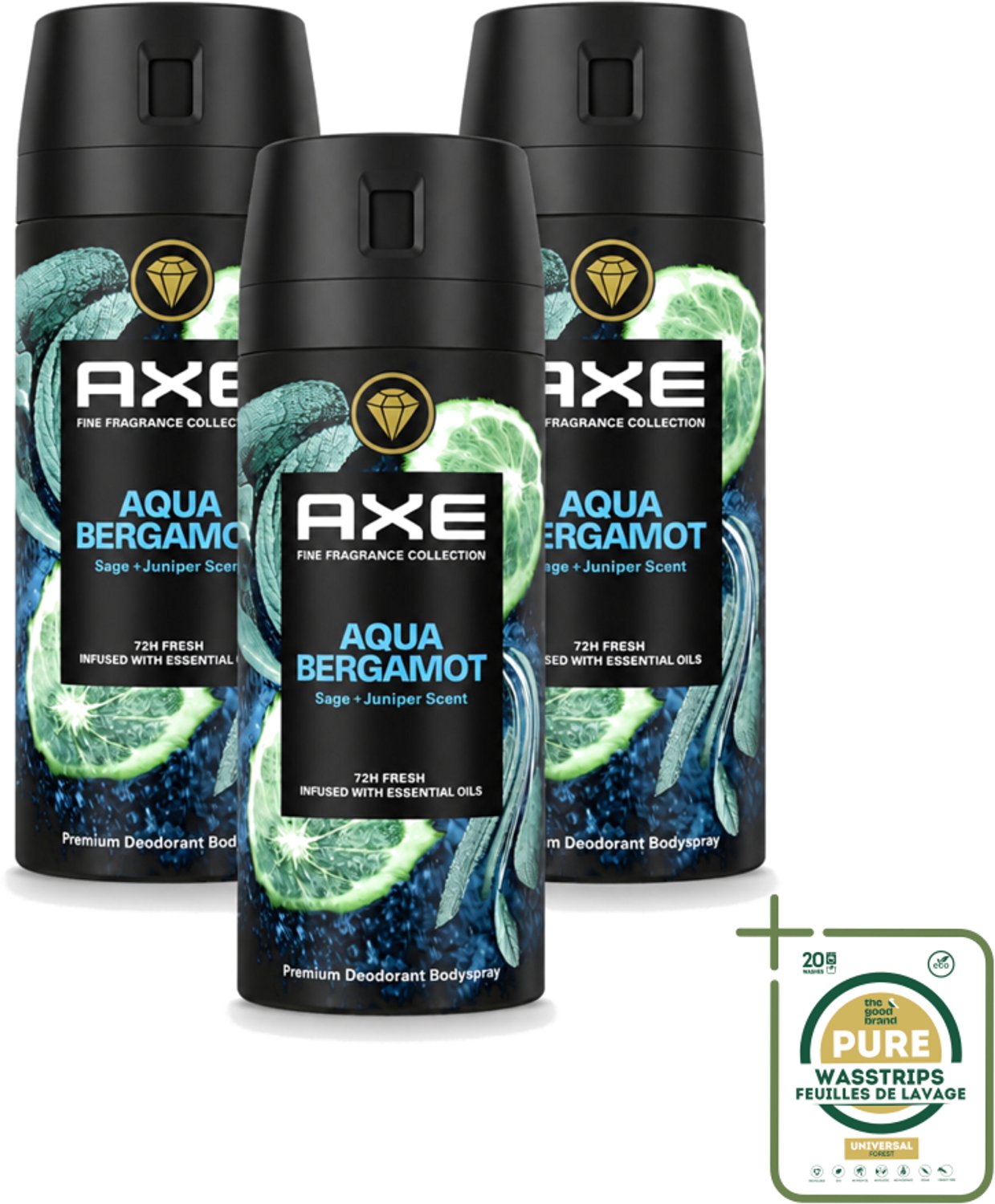 3 x Axe - Deodorant Bodyspray - 72hrs Fresh - Aqua Bergamot - Sage & Juniper - 150 ml - Wasstrips - Axe Aqua Bergamot Deodorant - Bodyspray 72h Fresh - Aqua Bergamot Geur - Bergamot Sage Juniper Deodorant - Premium Deodorant