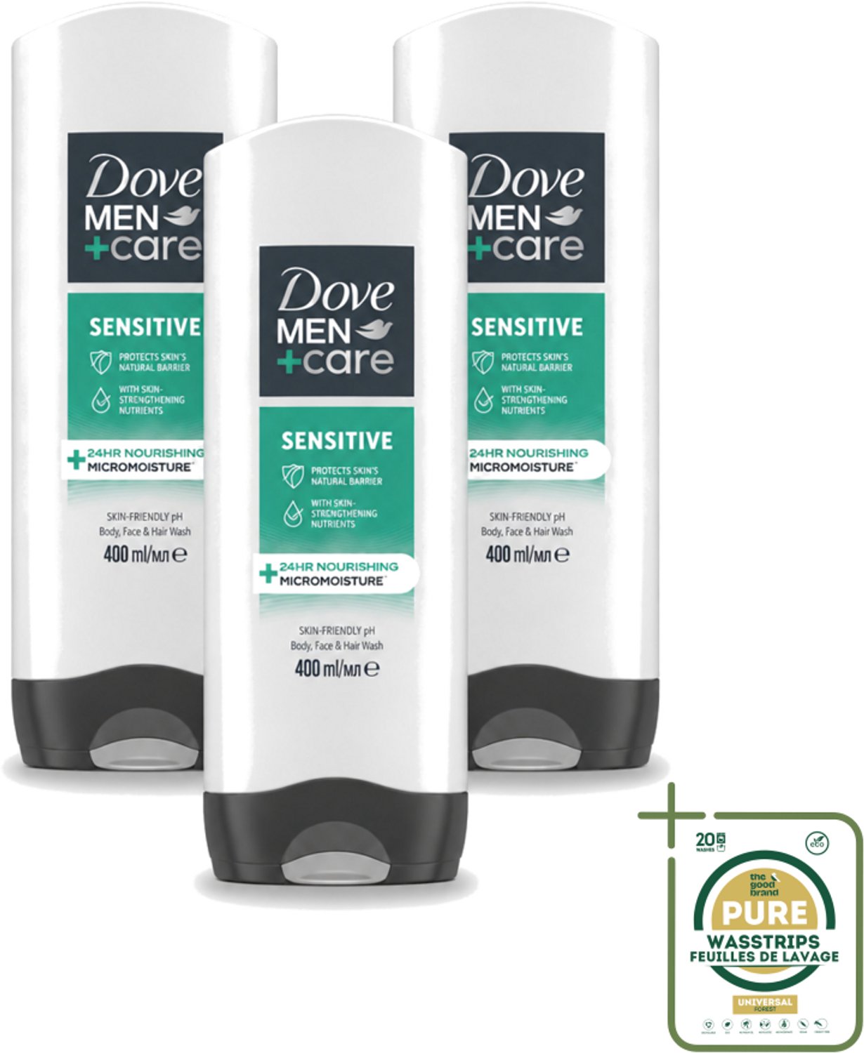 3 x Dove - Shower Gel - 3-in-1 - Men Care Sensitive - Verfrissend en zacht - 400 ml - Wasstrips - Douchegel Mannen - Gevoelige Huid - 3-in-1 Douchegel - Mannelijke Huid Verzorging - Zachte Douchegel