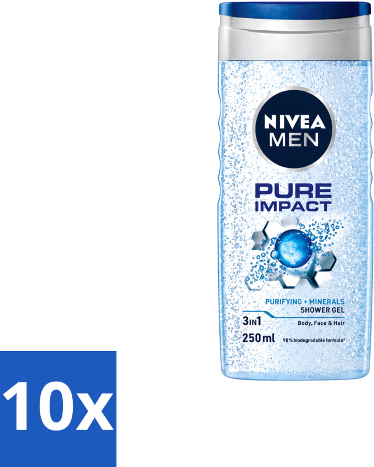 10 x Nivea Men – Douchegel – Pure Impact – 250 ml - Voordeelverpakking - 10 stuks