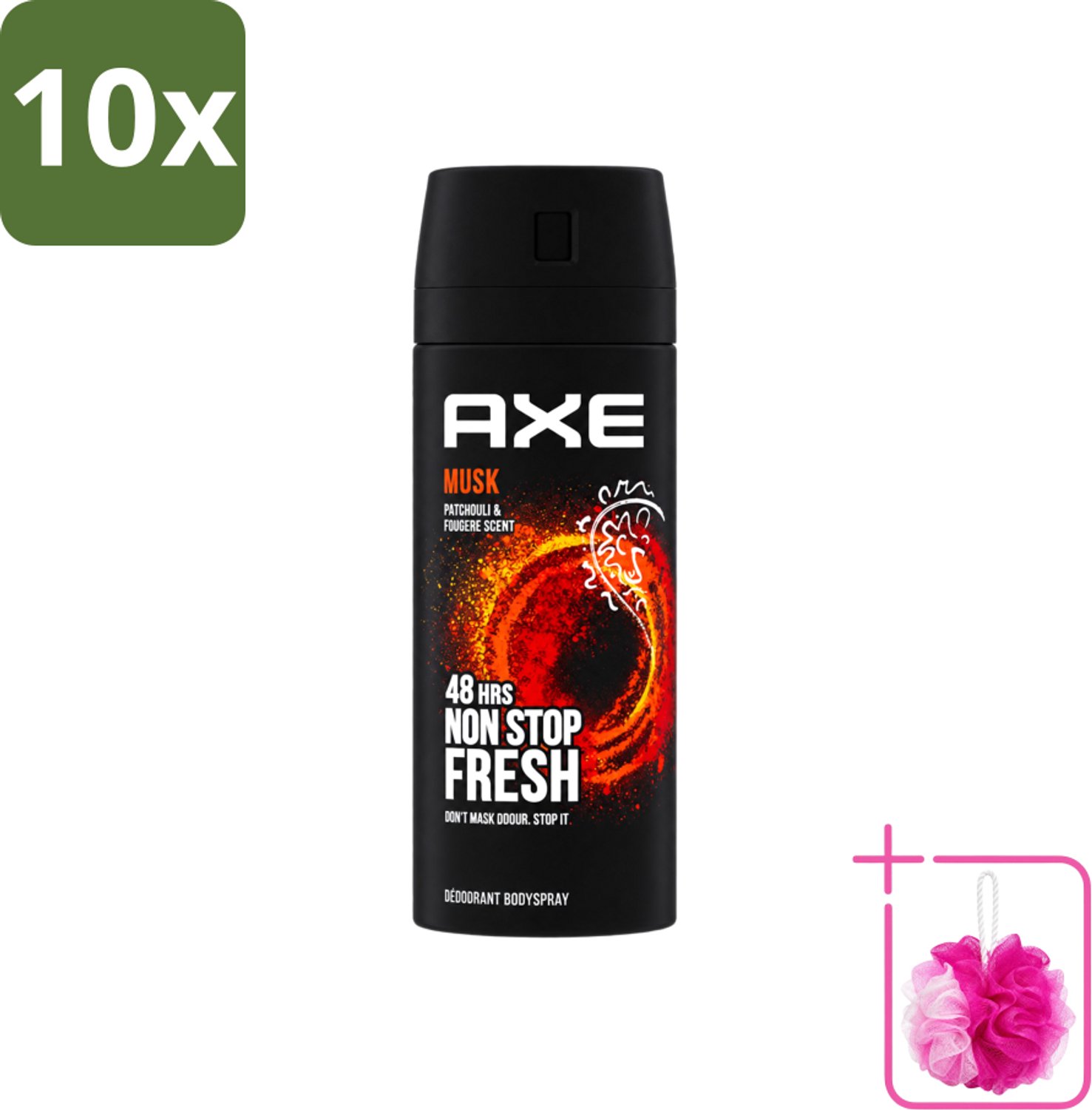 10 x Axe - Deodorant Bodyspray - 48hrs Non Stop Fresh - Musk - Patchouli & Fougere - 150 ml - Bulkverpakking - Axe Musk Deodorant - Douchemop - Deospray Musk
