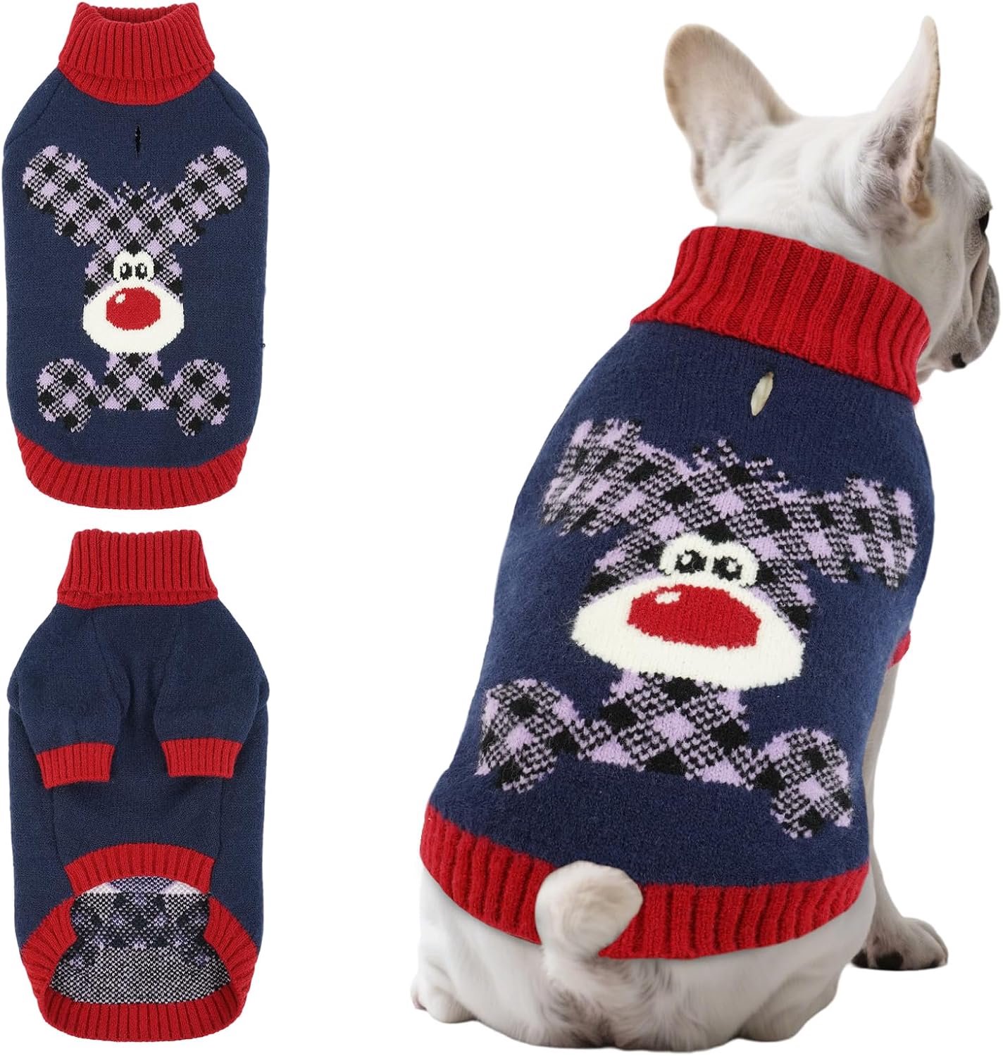 Kersttrui voor honden - feestelijk rendier en tartan gebreid | dik en warm met riemgat | Hoge hals | Ideaal voor mopshond, kleine Franse buldog, mini-schnauzer (marineblauw, L)