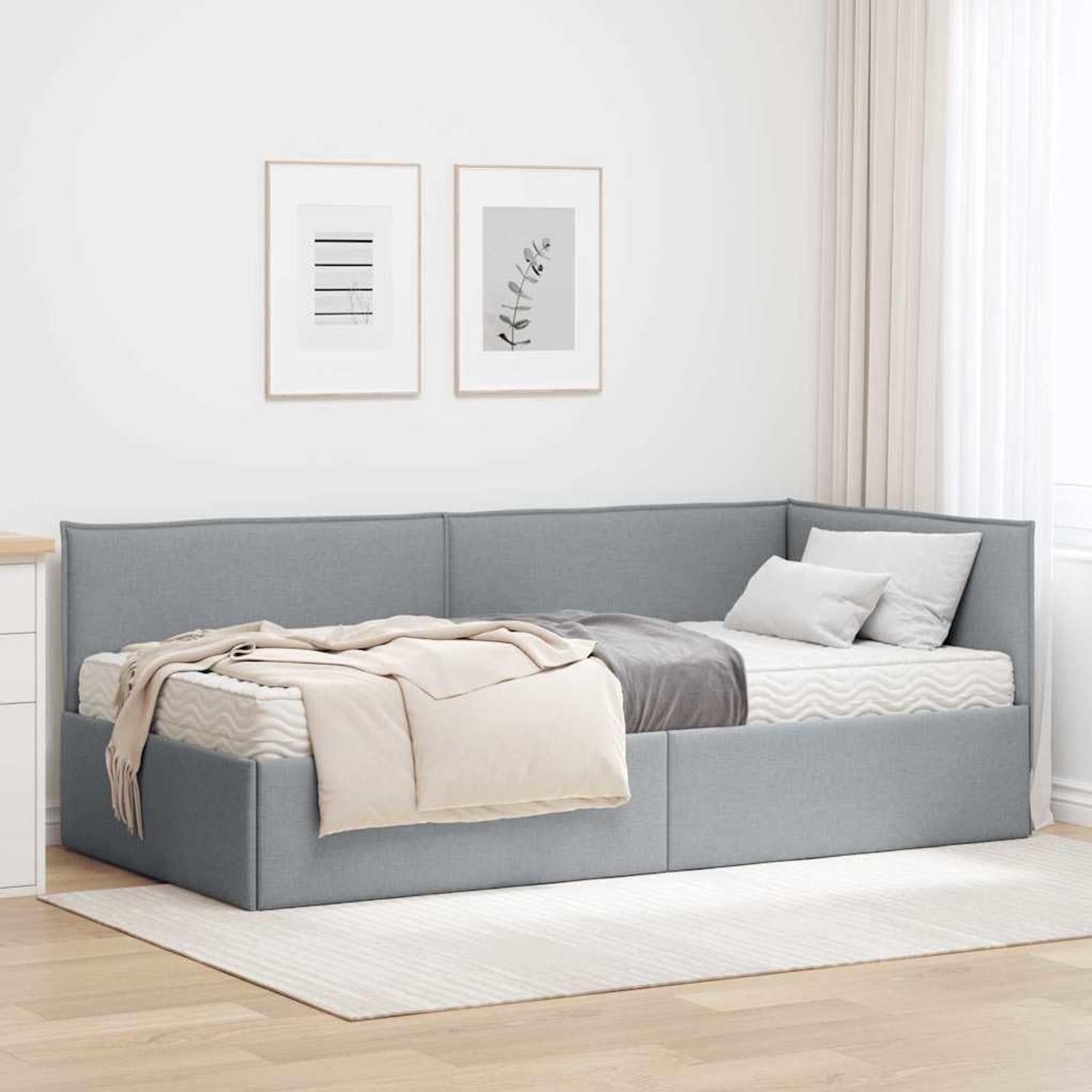 Hoekbedframe met matras 2 stuks lichtgrijs fluweel, hoekframe met polyester rugleuning en schuimmatras, uitschuifbaar multiplex voor kleine slaapkamers