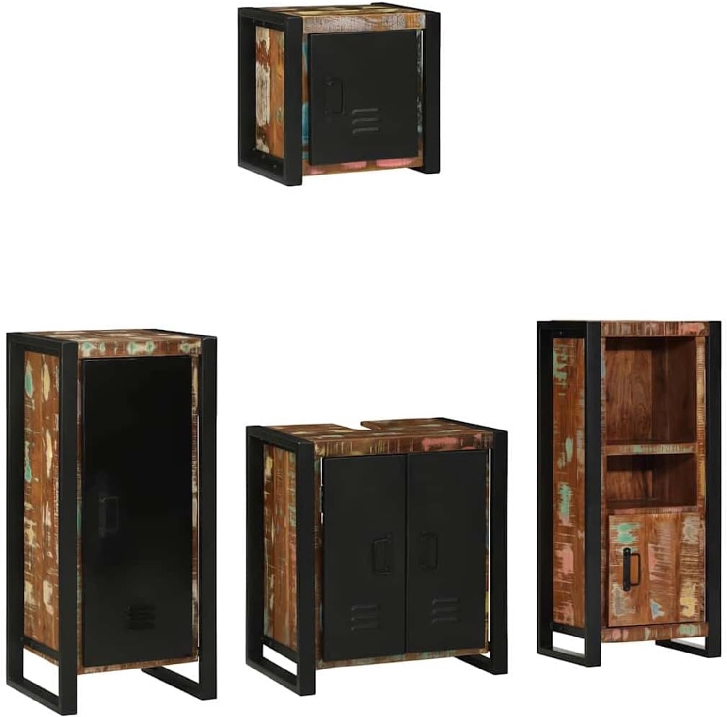 Badkamermeubelset 4-delig van robuust ijzer met twee staande kasten en twee wandkasten, zwart rechthoekig design, ruimtebesparend en stabiel voor kleine badkamers