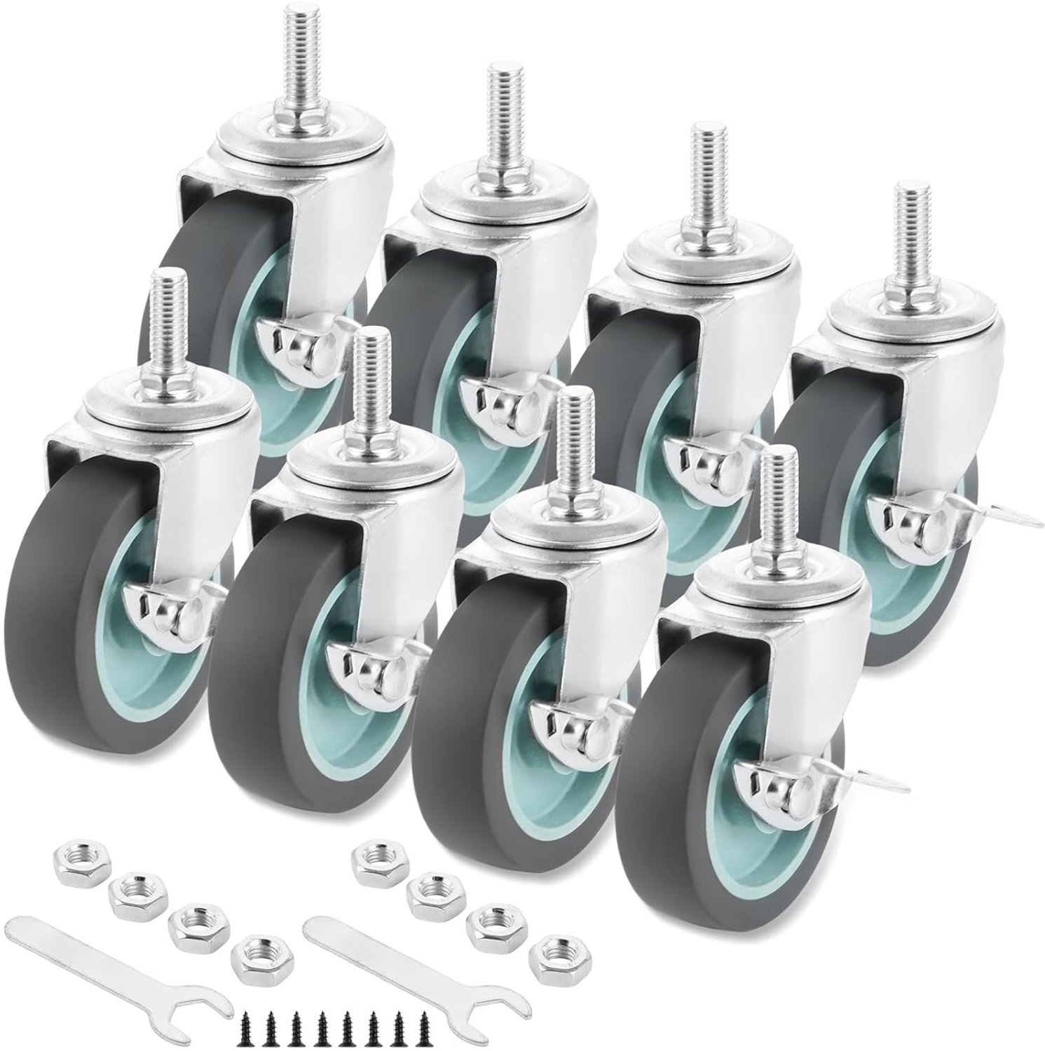 Set van 8 Zware 75mm Rollen met Vergrendeling voor Meubels - Rubber Wielen, M10 x 25mm, Perfect voor Vloeren en Mobiliteit