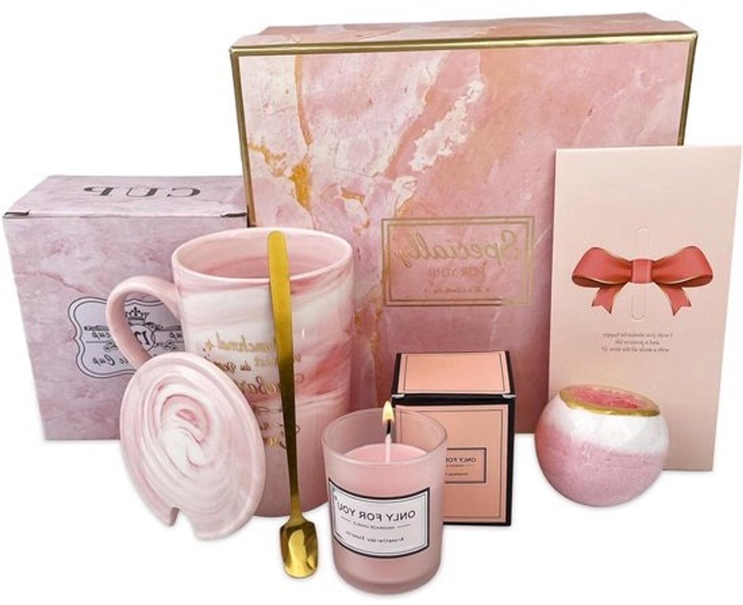 Keramische mok set - Geschenkset met mok - Rustmoment thuis - Inclusief badzout en kaars - 350 ml - Roze