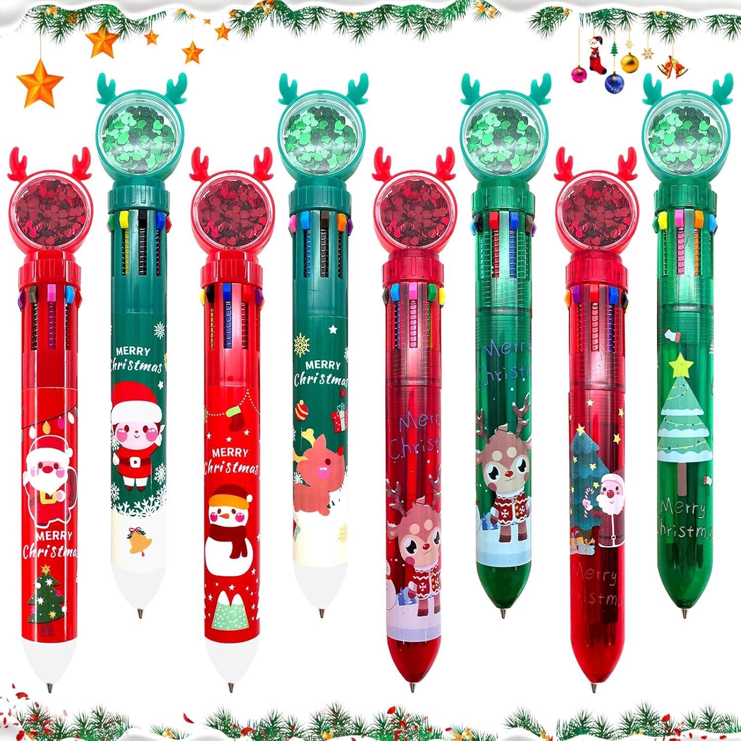 10-in-1 kerstbalpen, 8 stuks meerkleurige intrekbare shuttle pen, kerstbalpen, leuke kerstbalpen voor Kerstmis, feest, gastgeschenk