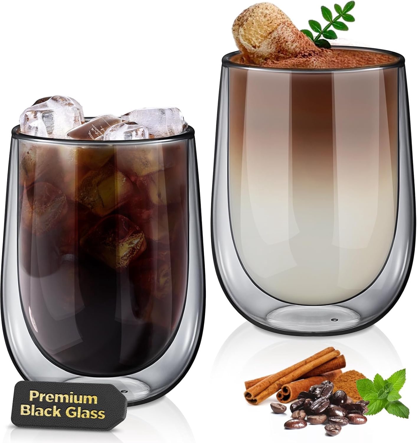 Set van 2 dubbelwandige 350 ml koffieglazen, theeglazen met handvat, borosilicaatglas, koffiekopjes, dubbelwandige glazen, koffiemokken, ideaal voor cappuccino, ijsthee, melk, sap, bier
