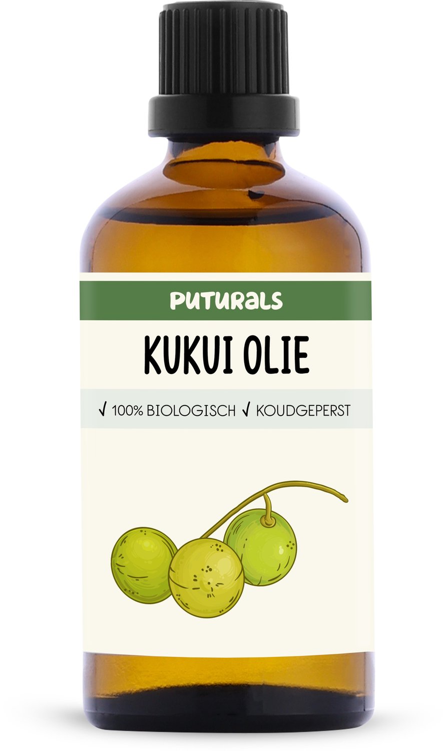 Puturals Kukui Olie 100% Biologisch - 100ml - Puur en Koudgeperst - Kukui Olie voor Huid, Haar en Lichaam - Rijk aan Omega 3, 6 en 9 - Kukui Olie als Huidolie en Haarolie - Bruine Glazen Druppelfles