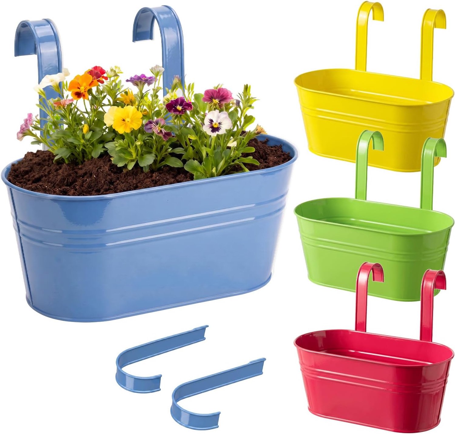 Set van 4, 27 cm, metaal, 4 kleuren, met haken, balkon