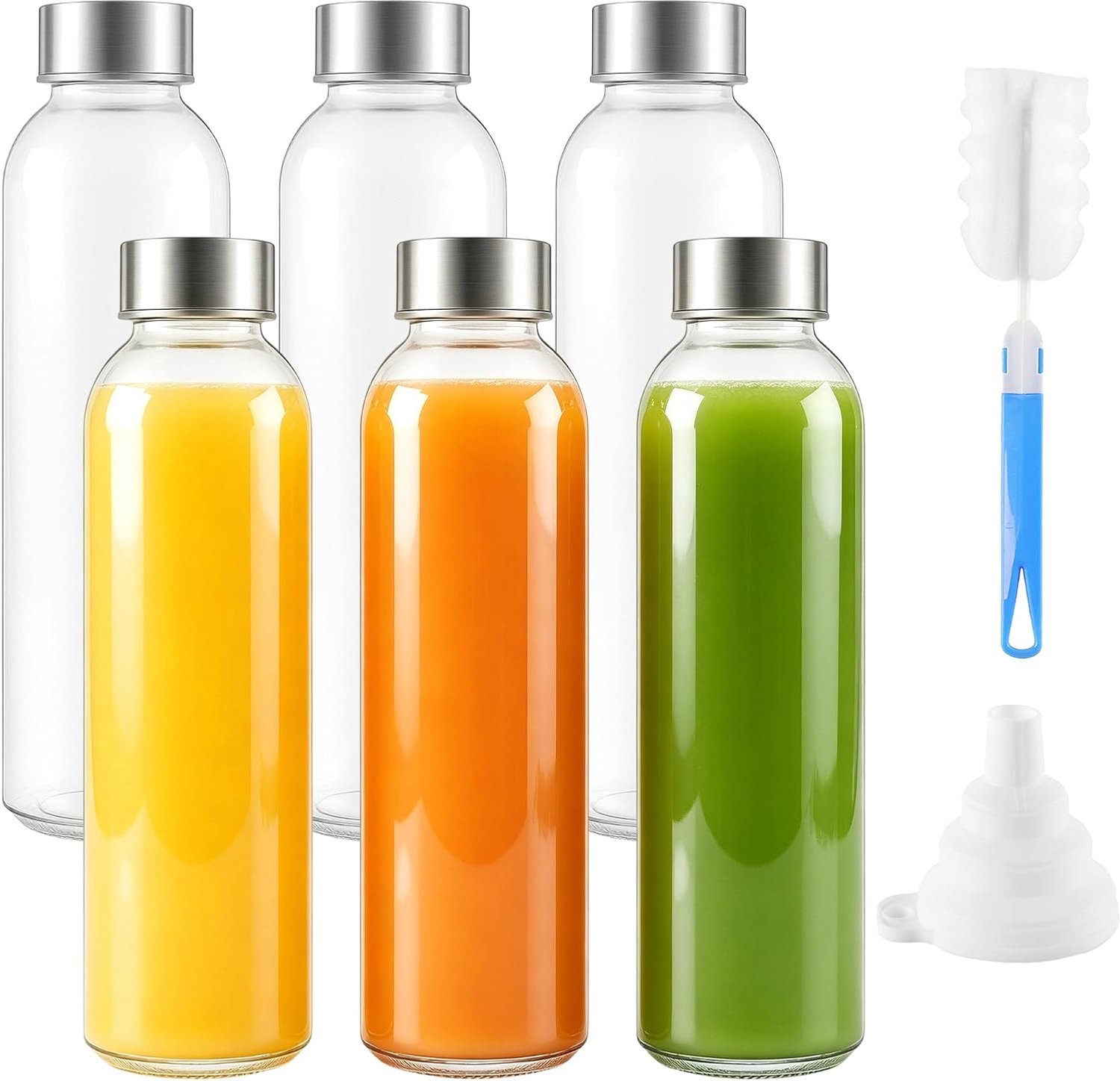6 stuks glazen flessen 500 ml met roestvrijstalen deksel, drankflessen 22 x 6,3 cm transparant, water sapflessen met siliconen vouwtrechter reinigingsborstel voor kantoor onderweg
