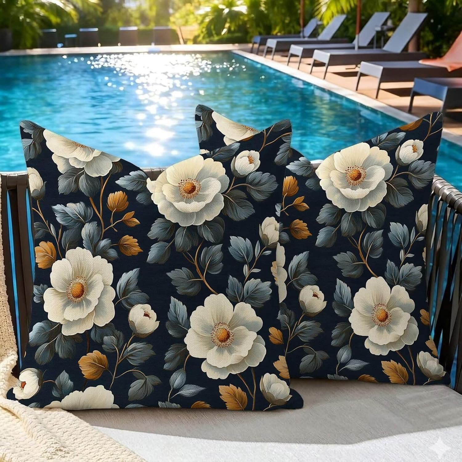 Set van 2 outdoor kussenslopen, 35 x 35 cm, weerbestendig, crème bloemenmotief, tuinkussen, zomer, modern sierkussen, dubbelzijdige print, bankkussen voor balkon, lounge, terras, woonkamer, decoratie