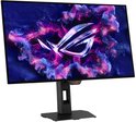 Gamingmonitor met een levendig abstract roze-paars design op het scherm en een slanke zwarte rand.