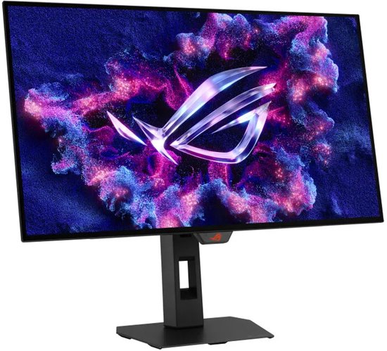 Gamingmonitor met een levendig abstract roze-paars design op het scherm en een slanke zwarte rand.