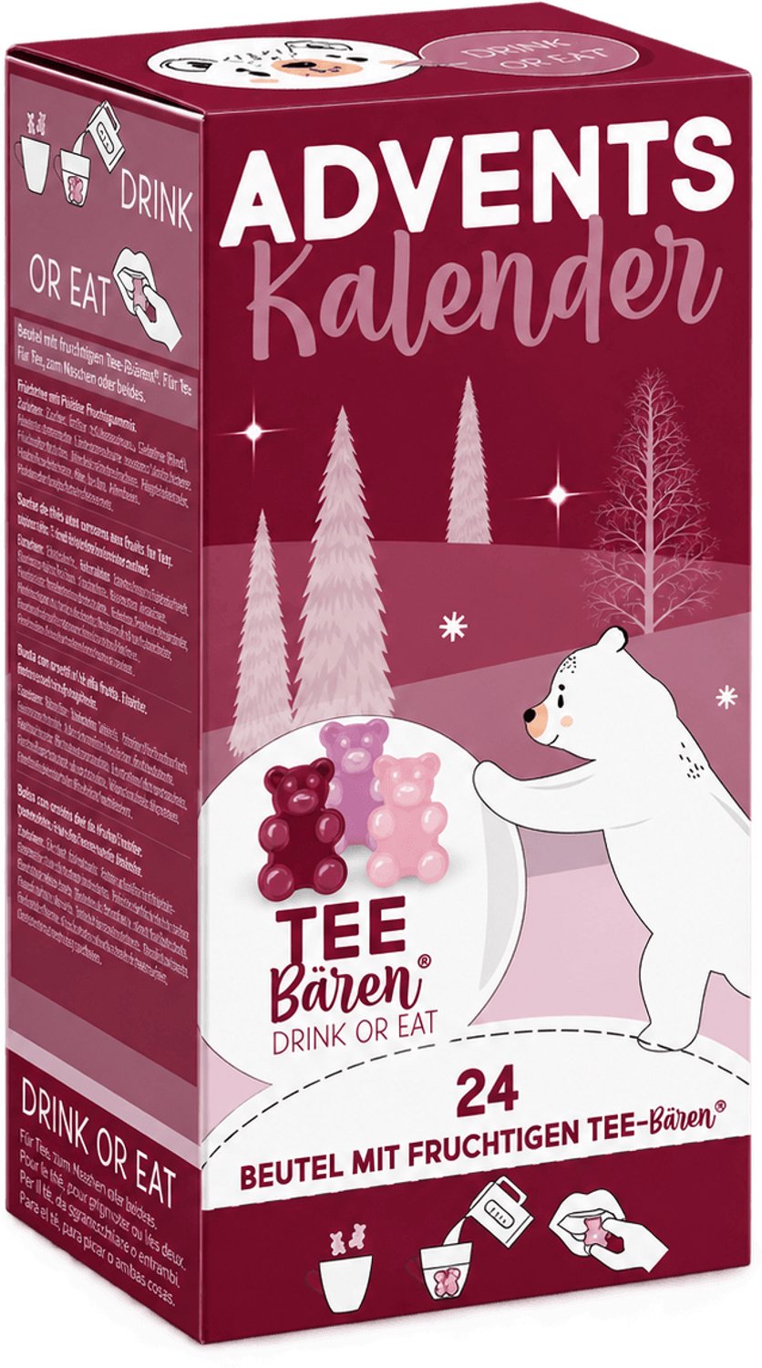 Theeberen Adventskalender rood – 24 zakjes – 12 smaken – Eetbare gummybeertjes die oplossen tot thee – Drink of Eat – vrolijk cadeautje voor december