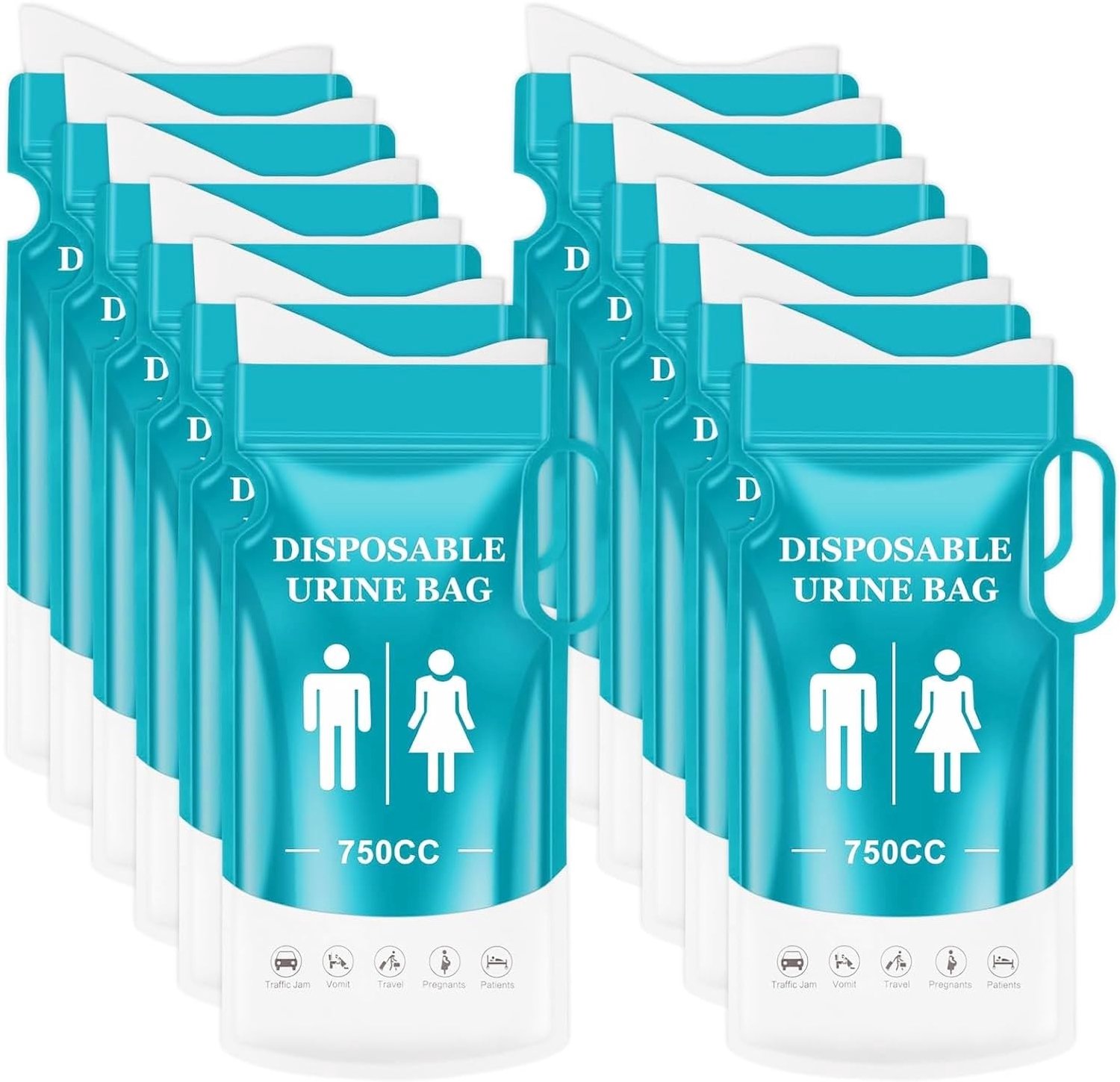 12 stuks urinoir voor onderweg, draagbaar urinoir voor onderweg, 750 ml noodurinoir, voor mannen, vrouwen, patiënten, zwangere kinderen, camping, wandelen, auto, reizen