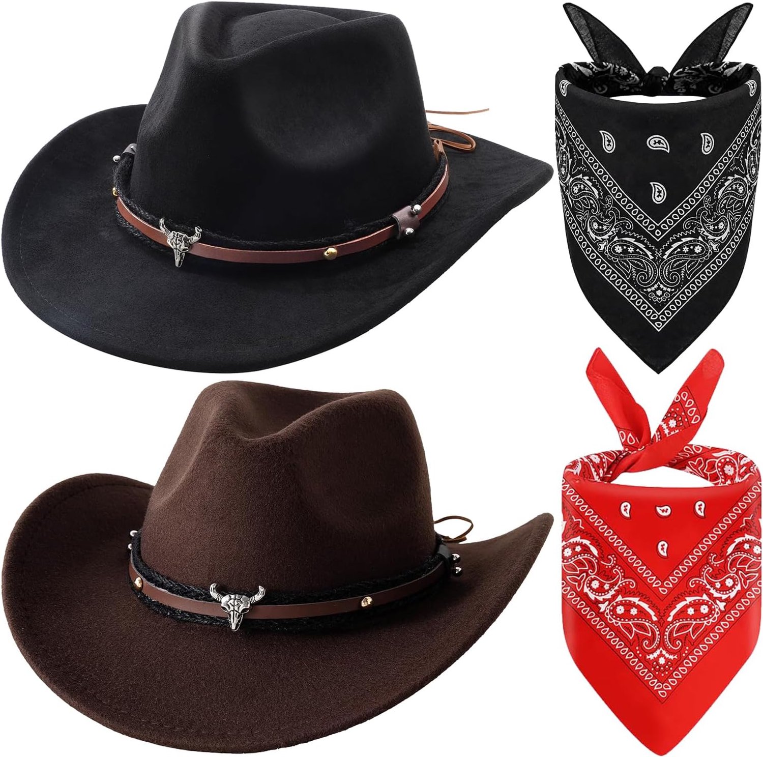4PCS Western Cowboykostuum Cowboyoutfits Accessoiresset met Cowboyhoeden Bandana Kostuumaccessoires voor Carnaval Cosplay