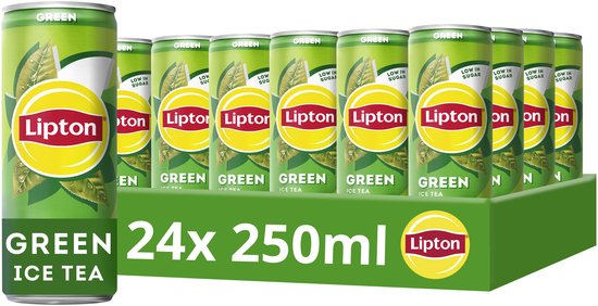 Tray met 24 blikjes Lipton Green Ice Tea van 250ml met het iconische gele logo op een groene achtergrond.