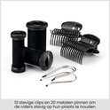 Zwarte set rollers met 10 stevige clips en 20 metalen pennen voor bevestiging.
