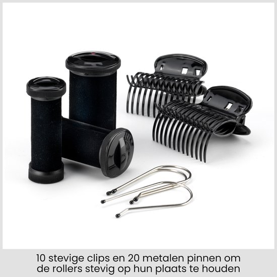 Zwarte set rollers met 10 stevige clips en 20 metalen pennen voor bevestiging.
