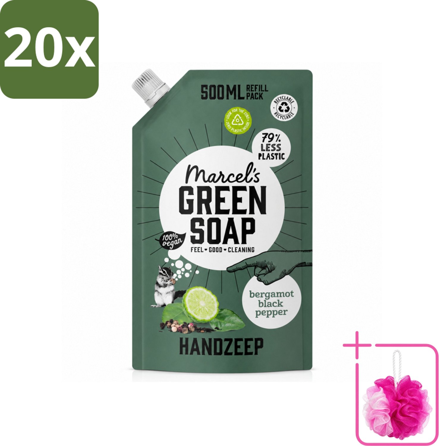 20 x Marcel's Green Soap - Handzeep - Bergamot & Black Pepper - Natuurlijke verzorging - 500 ml - Bulkverpakking - Handzeep navulling - Douchemop - Biologisch afbreekbaar