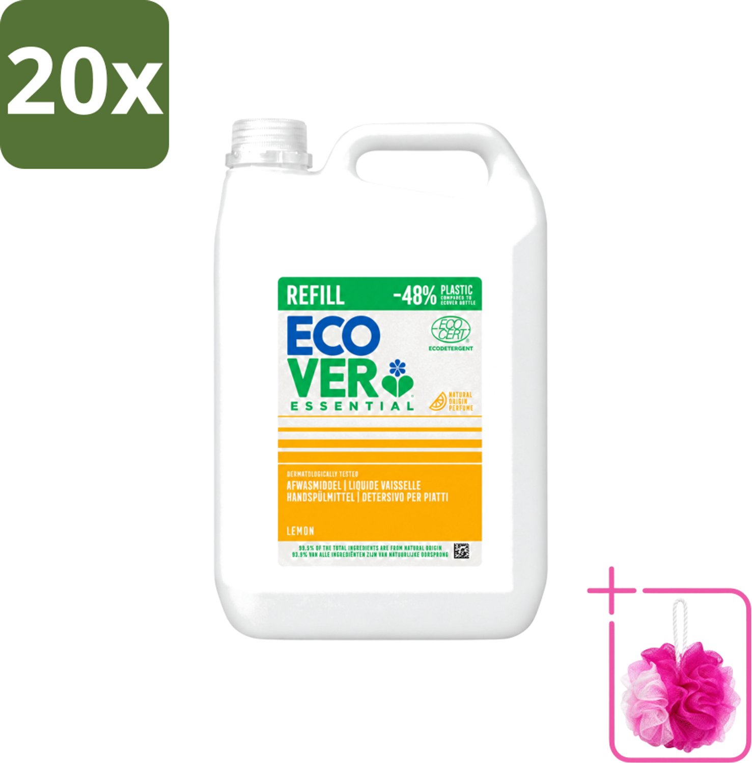 20 x Ecover - Afwasmiddel - Essential Citroen - 5 liter - Bulkverpakking - Afwasmiddel citroen - Douchemop - Natuurlijk afwasmiddel