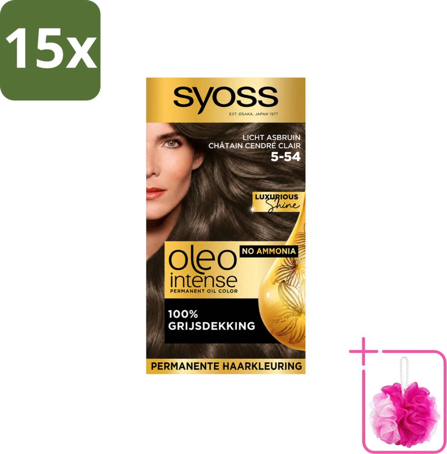 15 x SYOSS - Oleo Intense 5-54 Licht As Bruin - Haarverf - Zonder Ammoniak - Grijsdekking - Langdurige Kleur - Bulkverpakking - Haarkleur - Douchemop - Haarkleuring